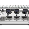 This image is a front view of the Rancilio Classe 7 3 group espresso machine in Ice White, with tall/raised brew group height and USB volumetric dosing controls.